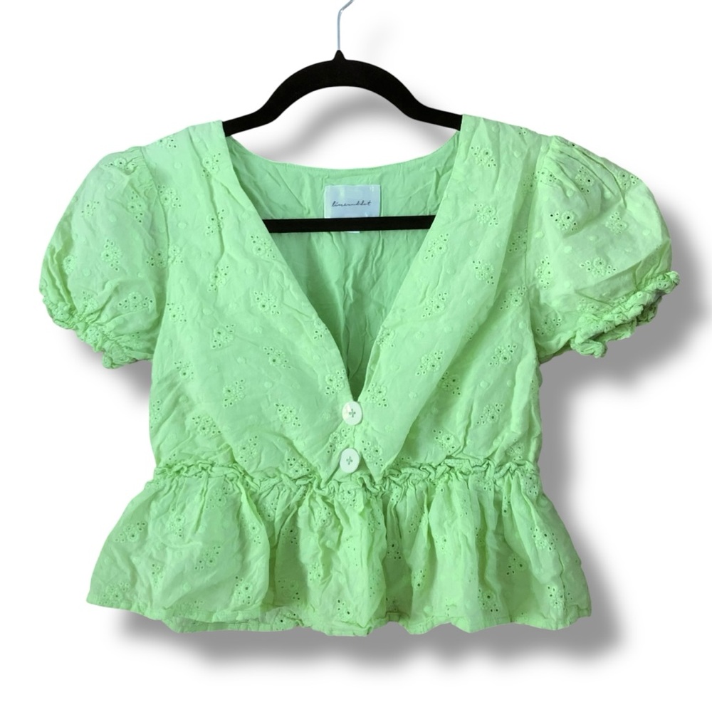 Line & Dot Willow V-Neck Peplum Puff Sleeve Top Neon Green Size XS